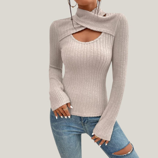 Ribbed High Neck Top – Chic Bare Shoulder Design for Women