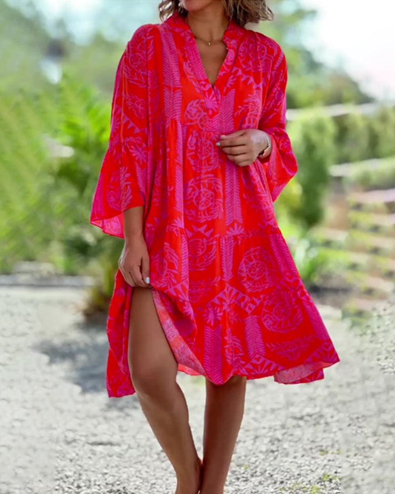 Boho Dress – 3/4 Sleeve Geometric Casual Elegance
