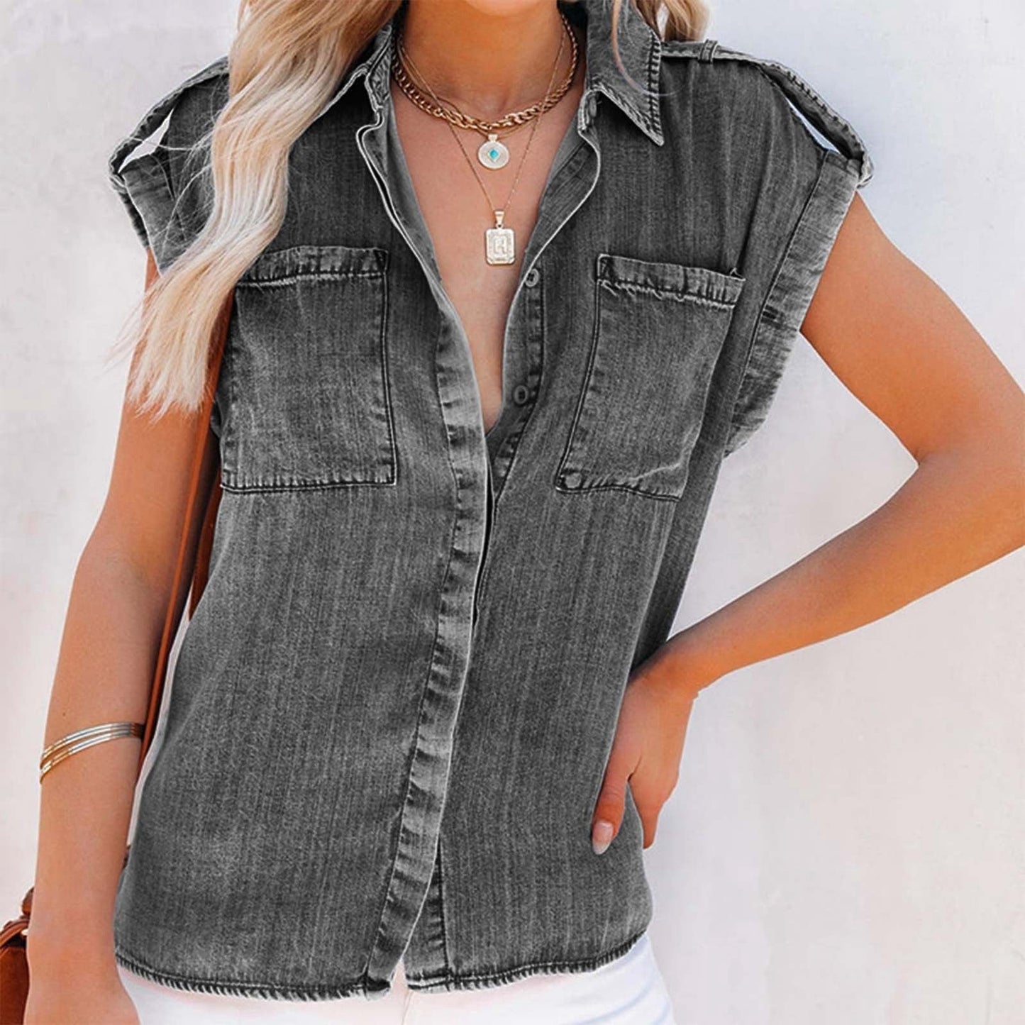 Denim Blouse Women – Stylish Short Sleeve Casual Top