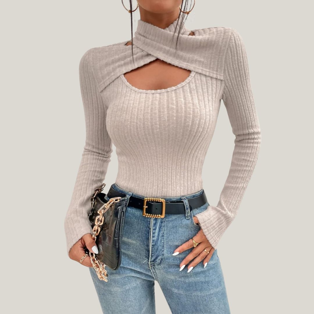 Ribbed High Neck Top – Chic Bare Shoulder Design for Women