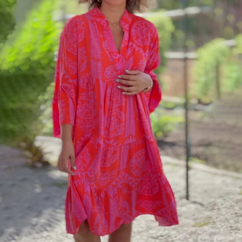 Boho Dress – 3/4 Sleeve Geometric Casual Elegance