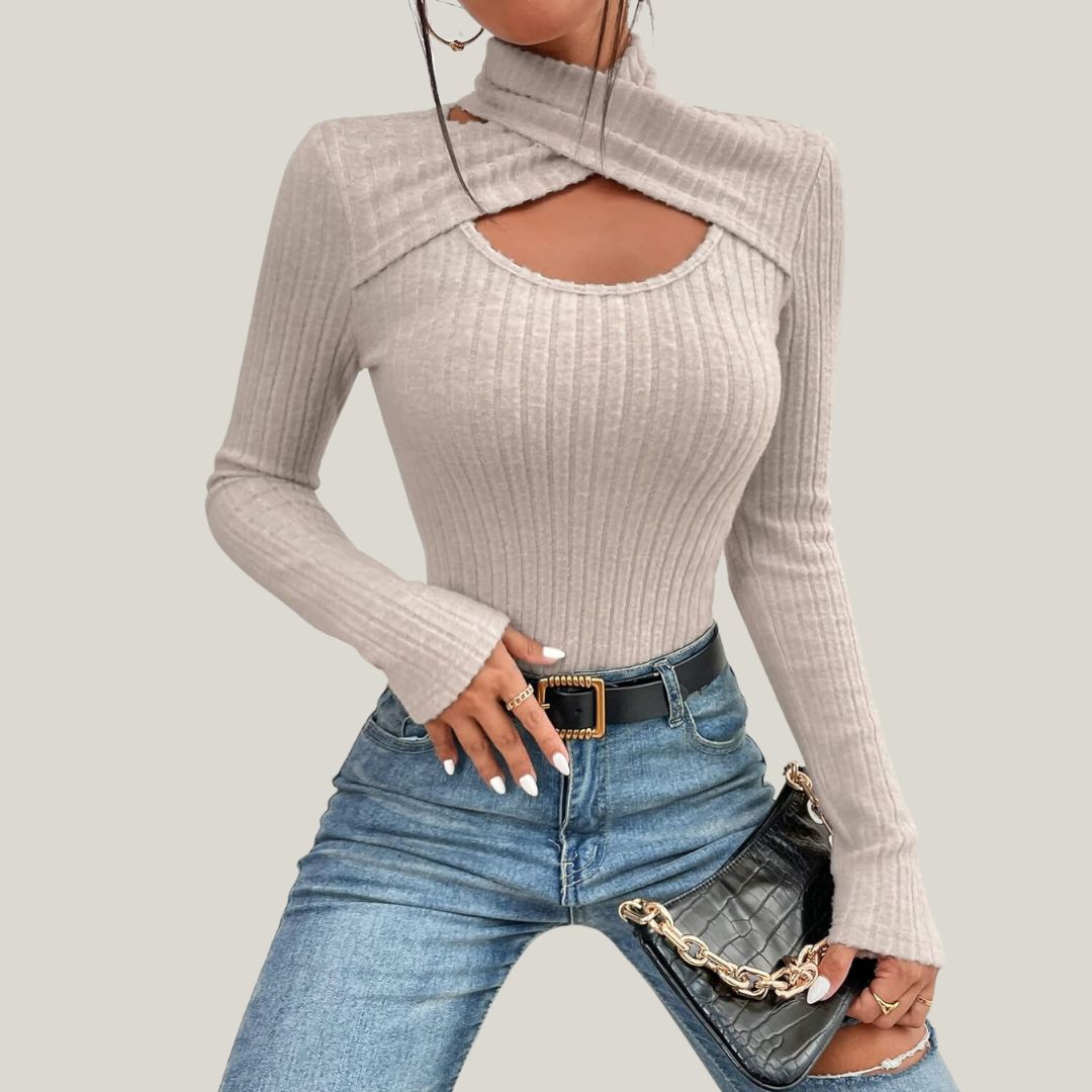 Ribbed High Neck Top – Chic Bare Shoulder Design for Women
