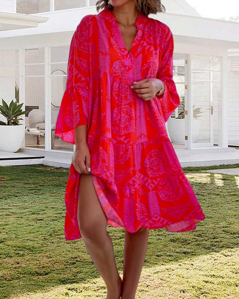 Boho Dress – 3/4 Sleeve Geometric Casual Elegance
