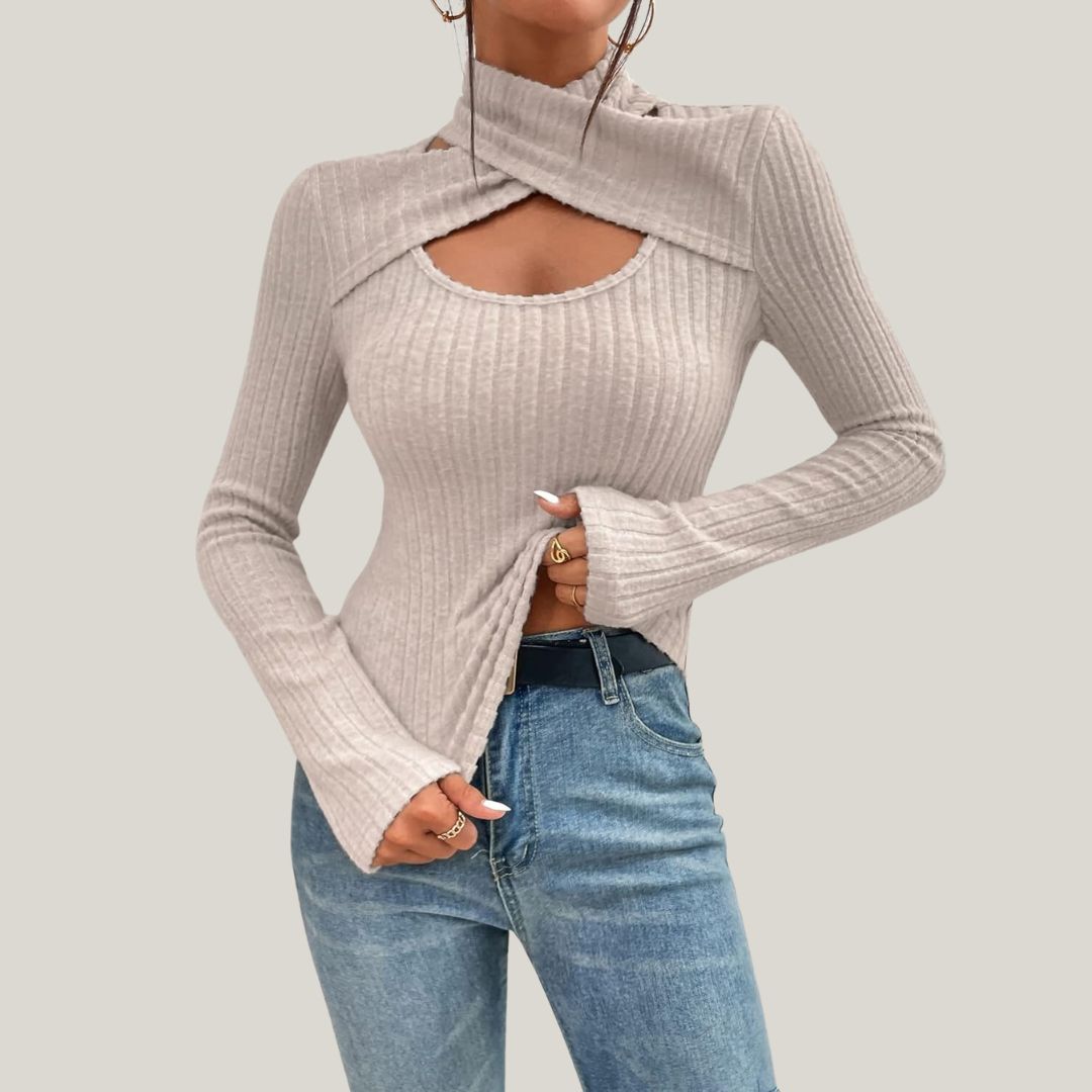Ribbed High Neck Top – Chic Bare Shoulder Design for Women