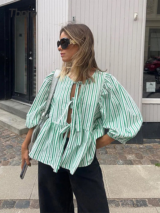 Women's Blouse – Striped Puff Sleeve Casual Chic Top