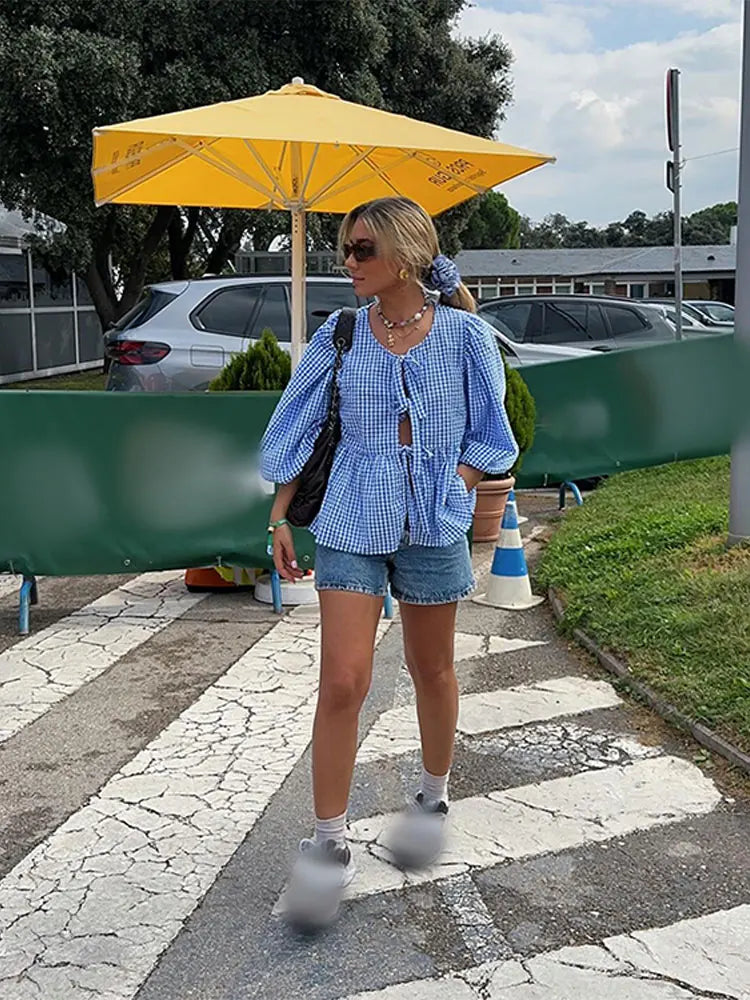 Women's Blouse – Striped Puff Sleeve Casual Chic Top