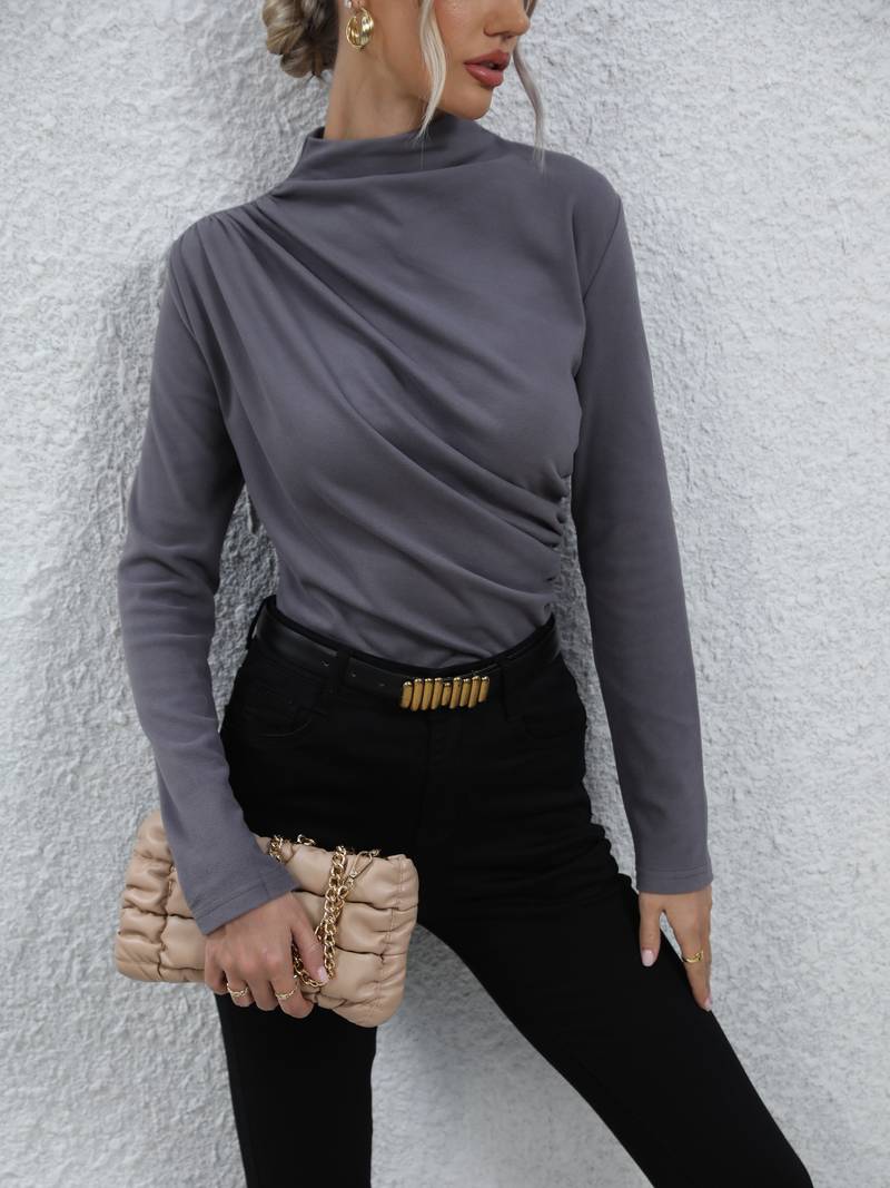 Women's Blouse – Pleated High Collar Long Sleeve Top