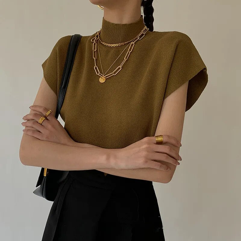 Turtleneck Knit Top Women – Short Sleeve Jumper for Casual Style