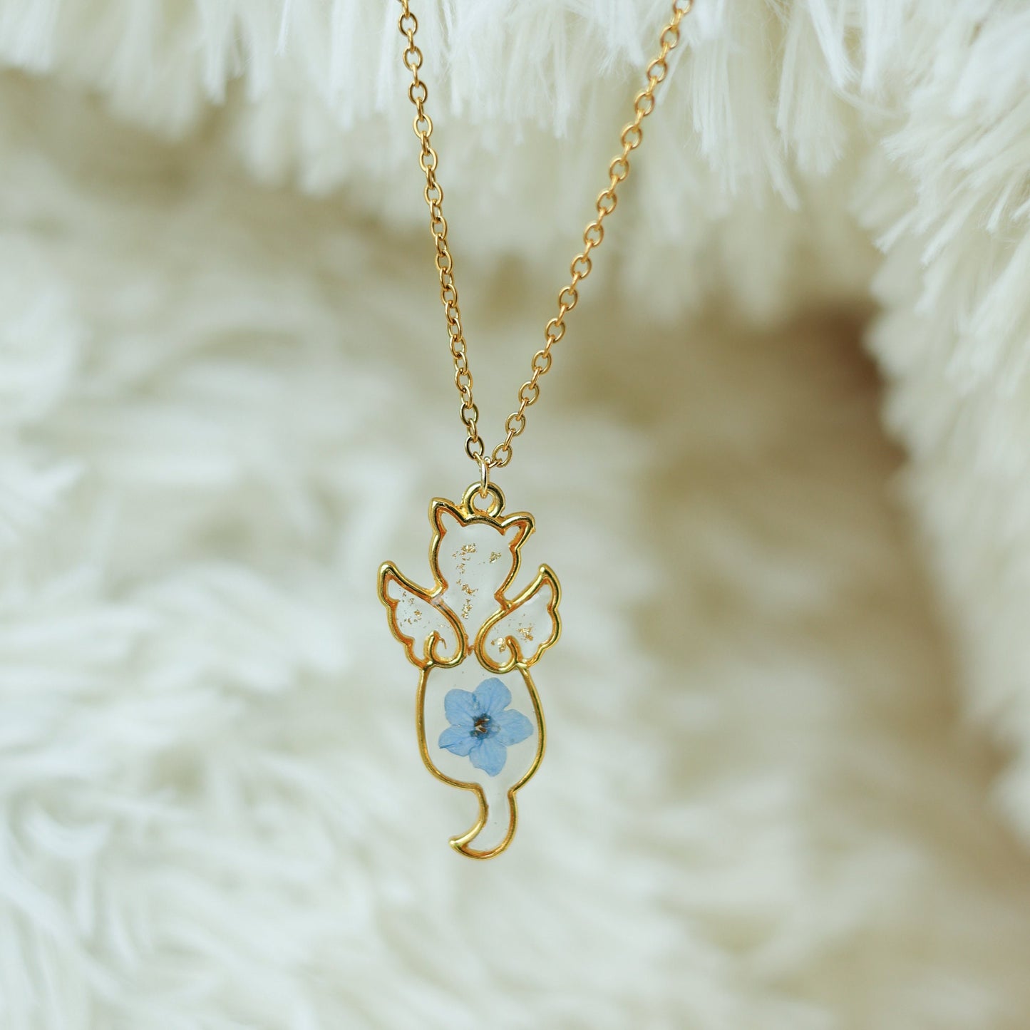 Angel Cat Memorial Necklace, Forget Me Not Necklace