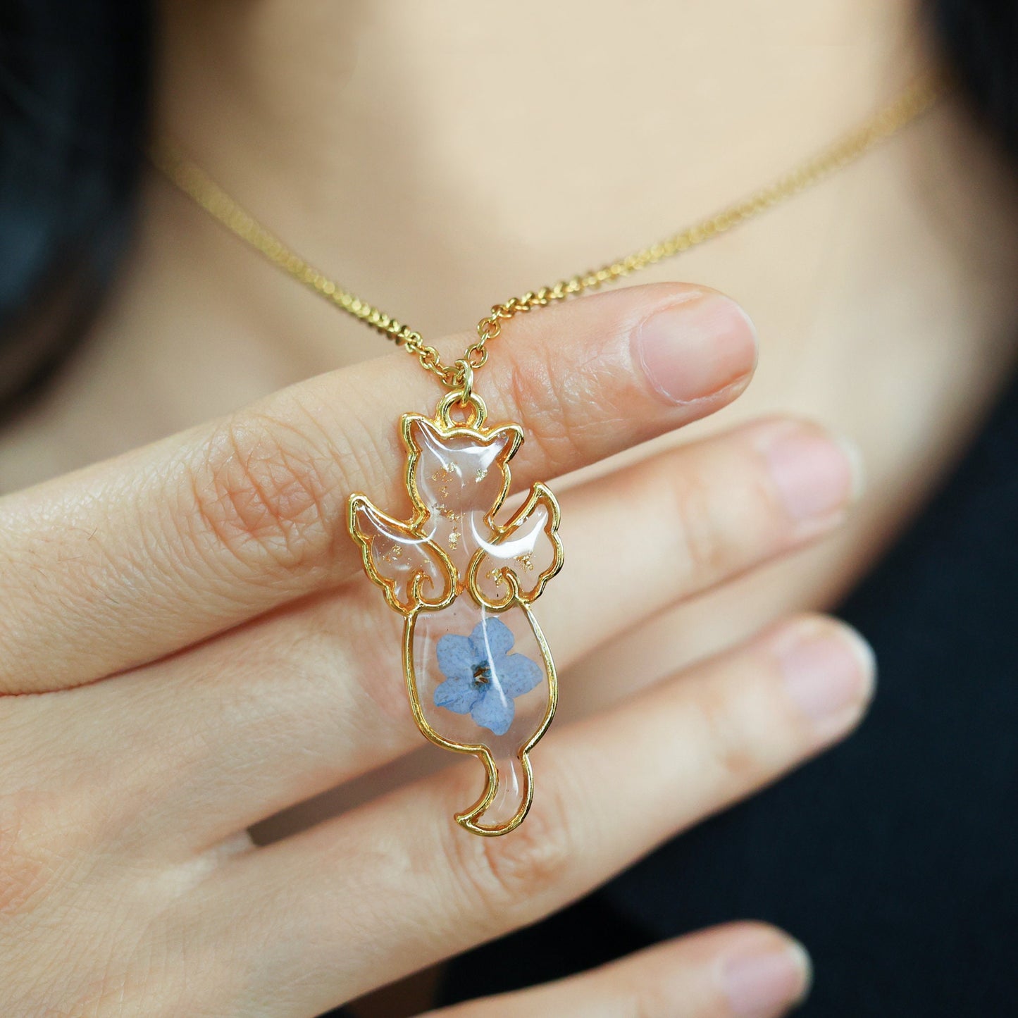 Angel Cat Memorial Necklace, Forget Me Not Necklace