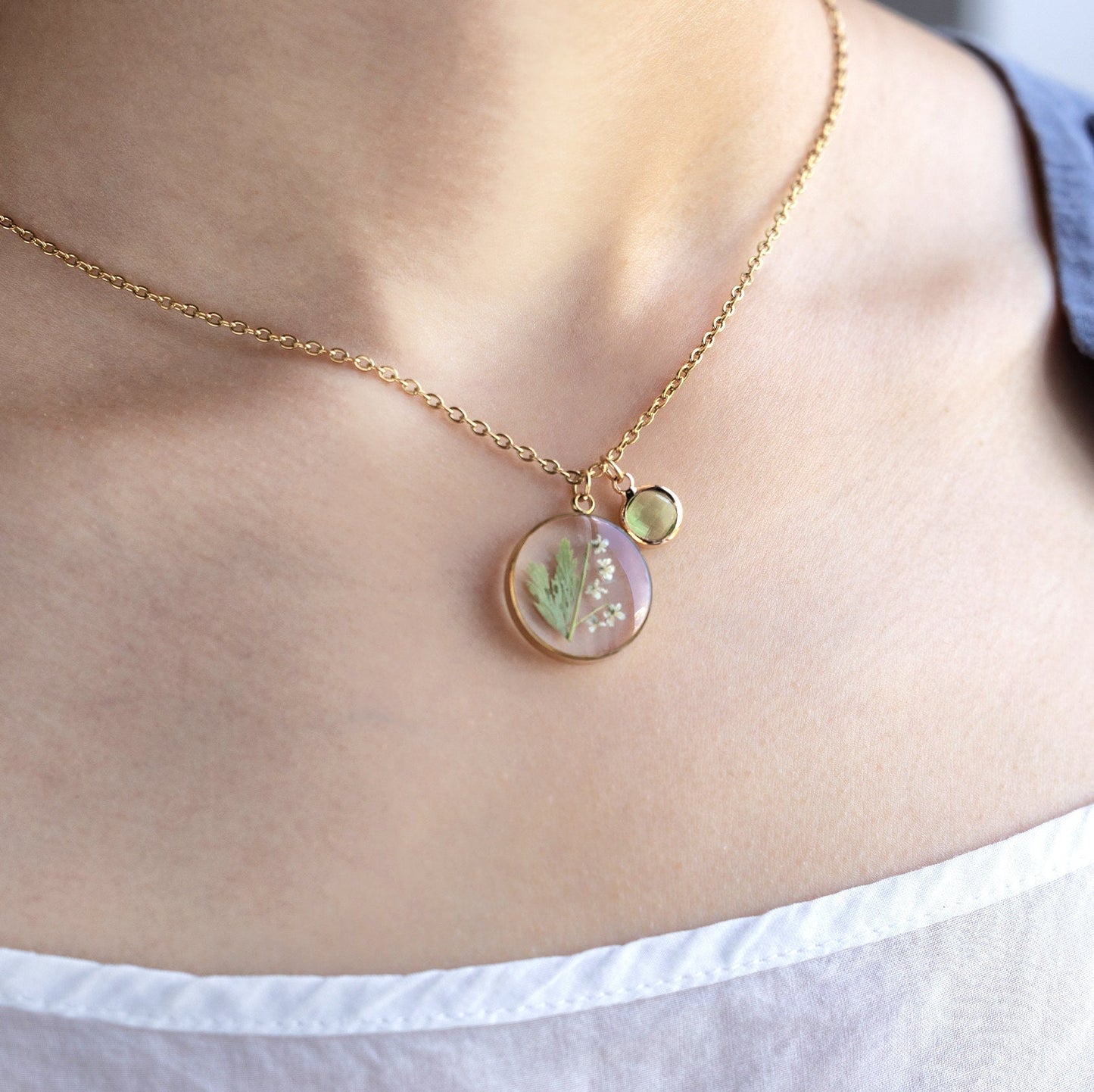 Personalized Birthstone white Flower and Green Leaf Necklace