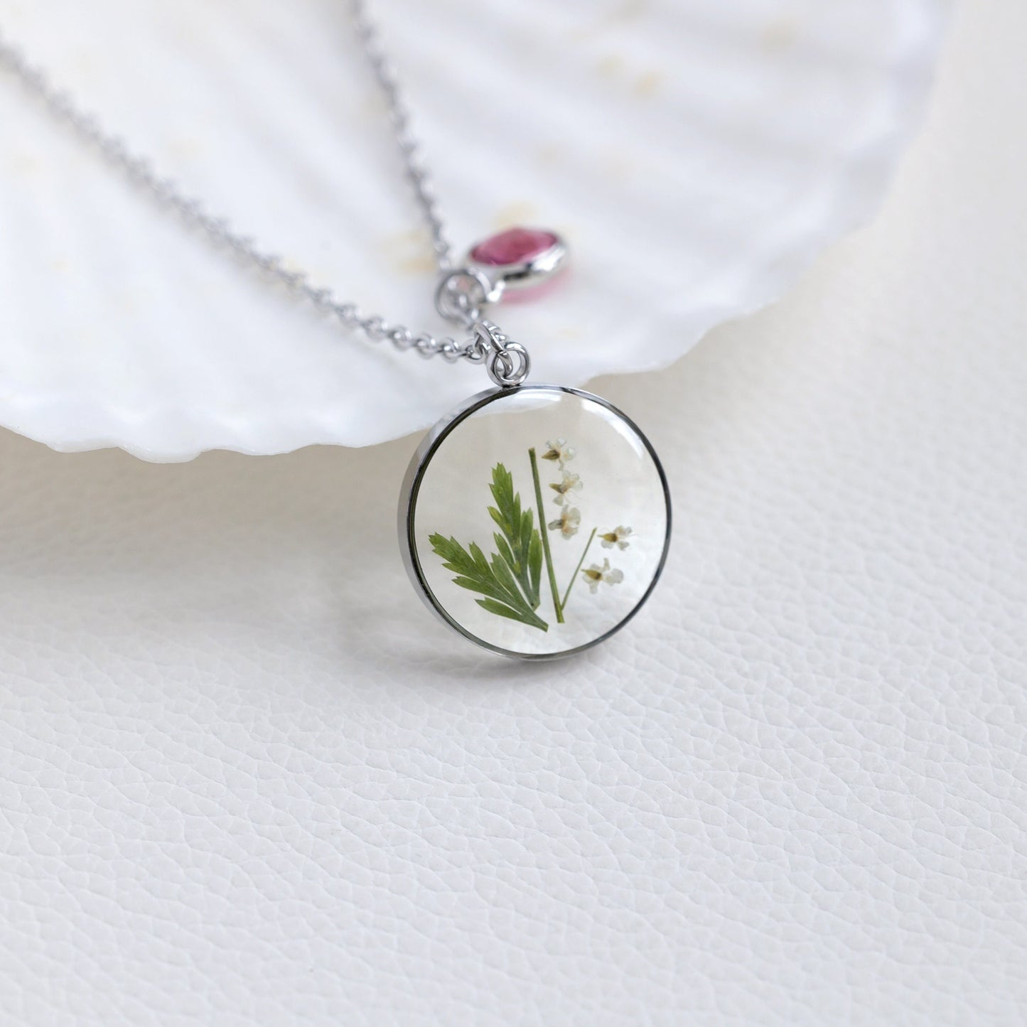 Personalized Birthstone white Flower and Green Leaf Necklace
