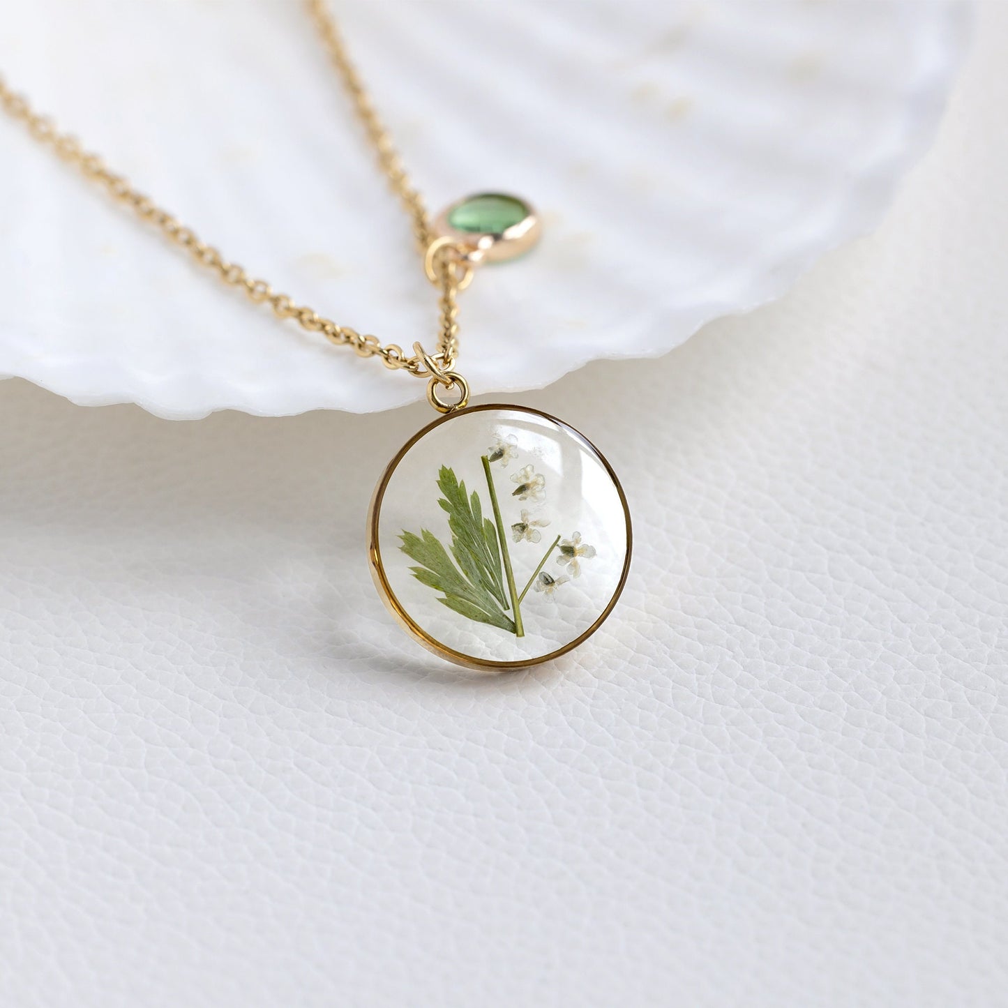 Personalized Birthstone white Flower and Green Leaf Necklace
