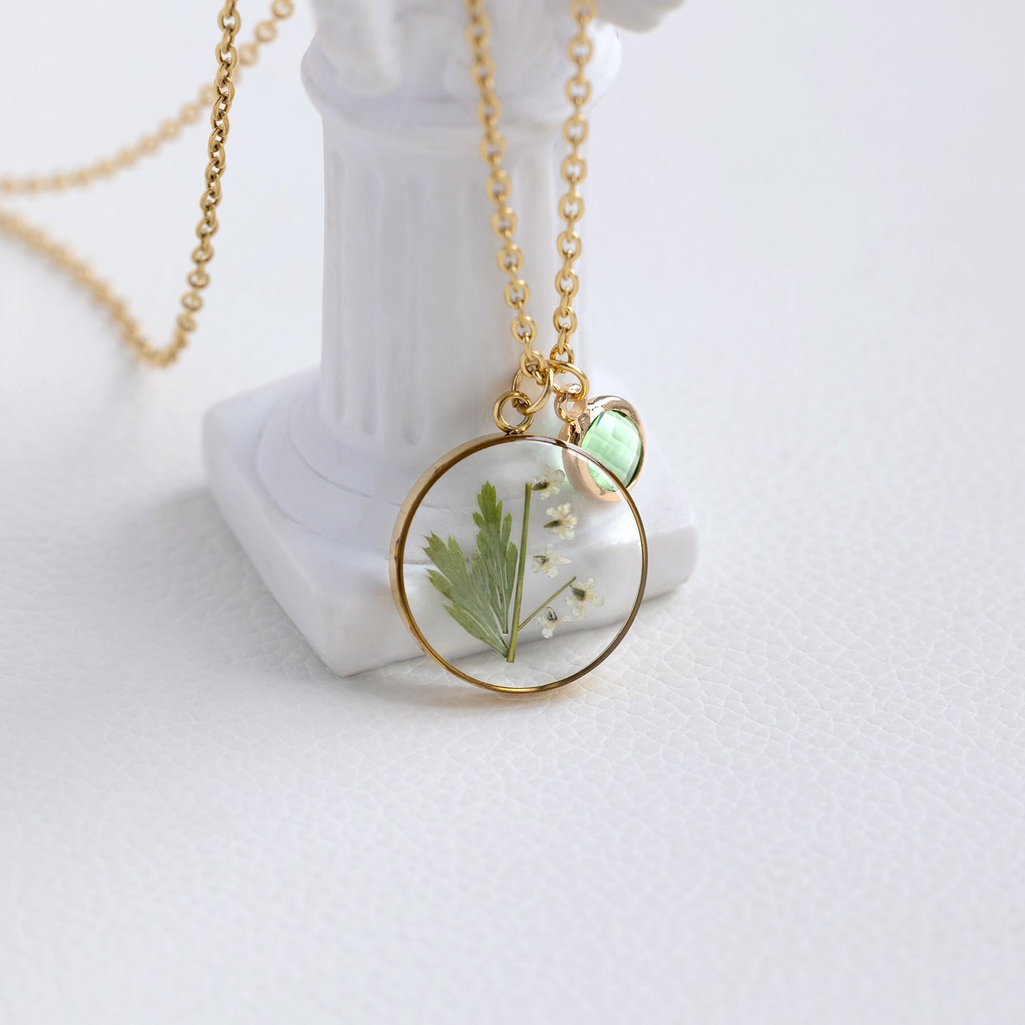 Personalized Birthstone white Flower and Green Leaf Necklace
