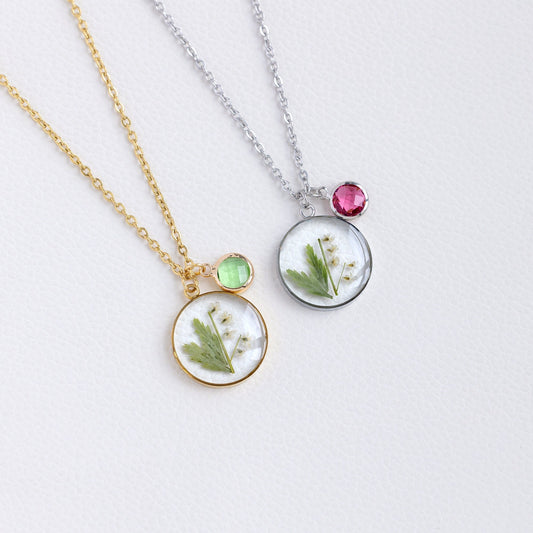 Personalized Birthstone white Flower and Green Leaf Necklace