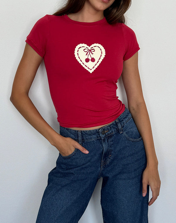 Cropped T-shirt Women – Stylish Red Heart Cherry Print Top
