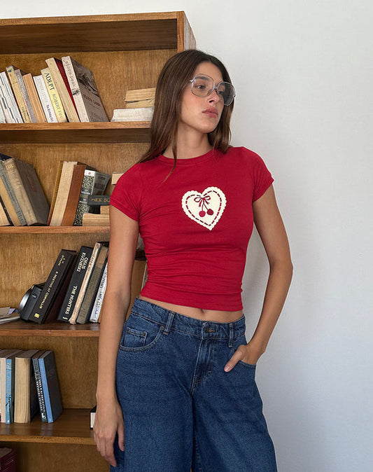 Cropped T-shirt Women – Stylish Red Heart Cherry Print Top