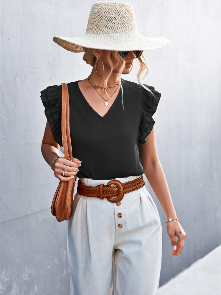 Black Blouse Women – Elegant V-Neck Chapel Sleeve Top