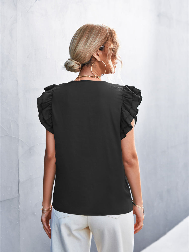 Black Blouse Women – Elegant V-Neck Chapel Sleeve Top