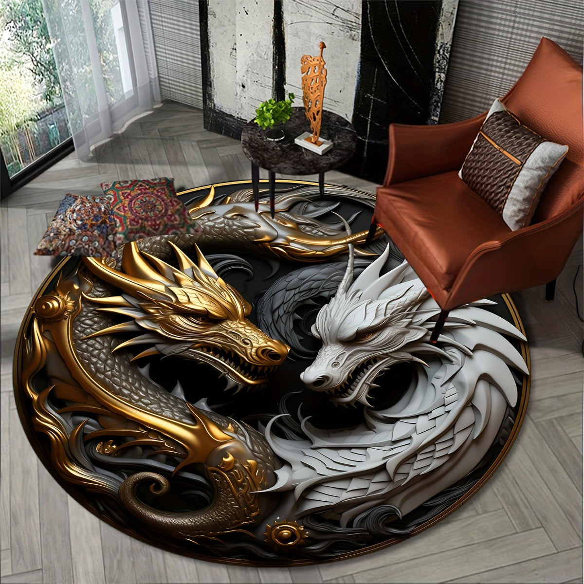 Round Non-Slip Carpet with Dragon Pattern for Home and Office Decor