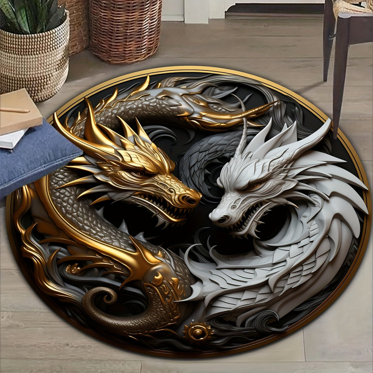 Round Non-Slip Carpet with Dragon Pattern for Home and Office Decor