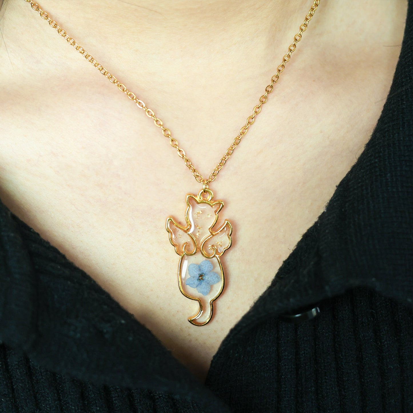 Angel Cat Memorial Necklace, Forget Me Not Necklace