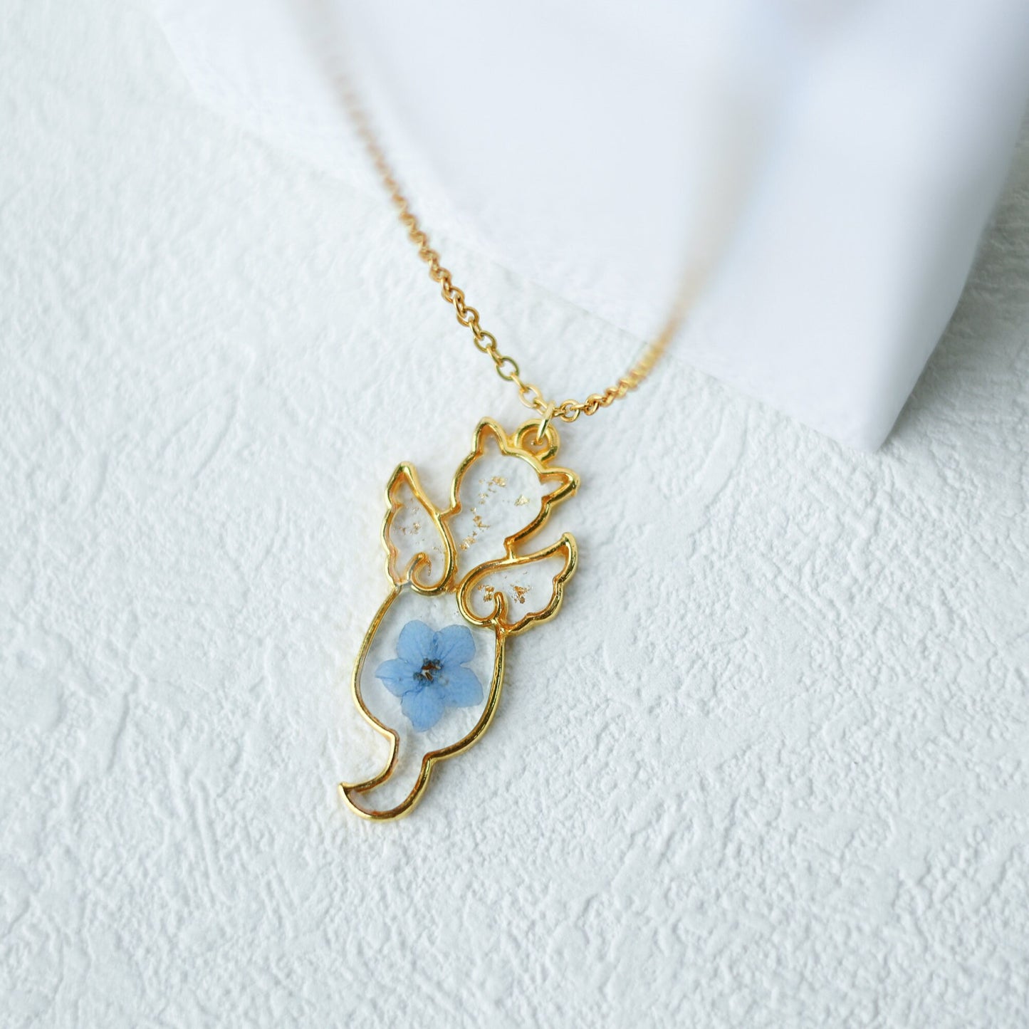 Angel Cat Memorial Necklace, Forget Me Not Necklace