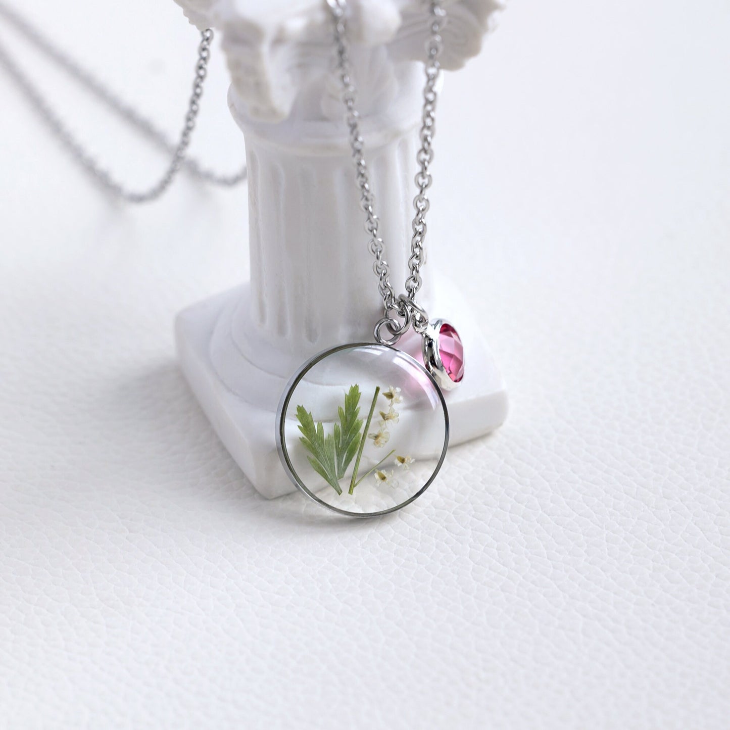 Personalized Birthstone white Flower and Green Leaf Necklace