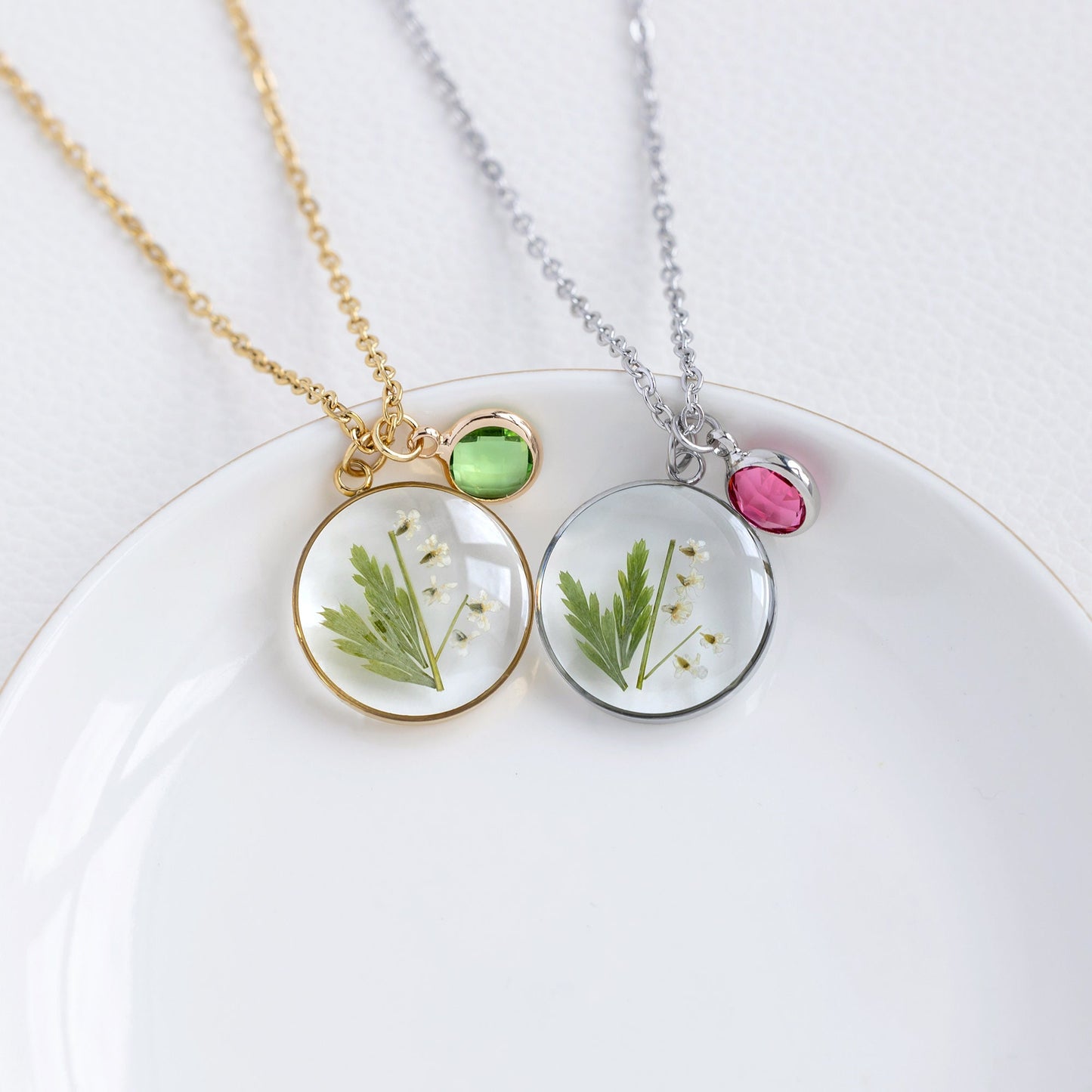 Personalized Birthstone white Flower and Green Leaf Necklace