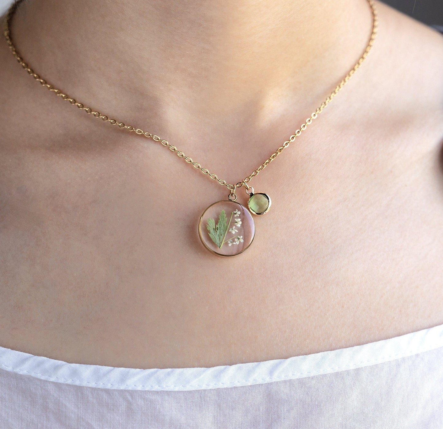 Personalized Birthstone white Flower and Green Leaf Necklace
